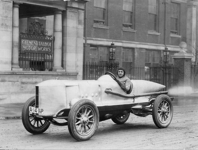 Percy Lambert outside Ladbroke Hall on way to Brooklands